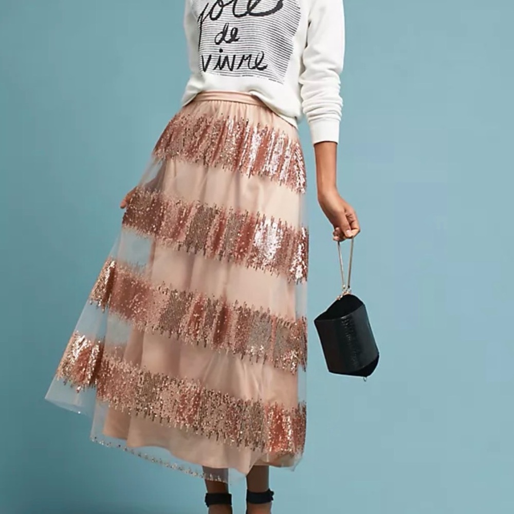 Anthropologie Blush Rose-Gold Sequin Tiered Tulle Maxi Skirt